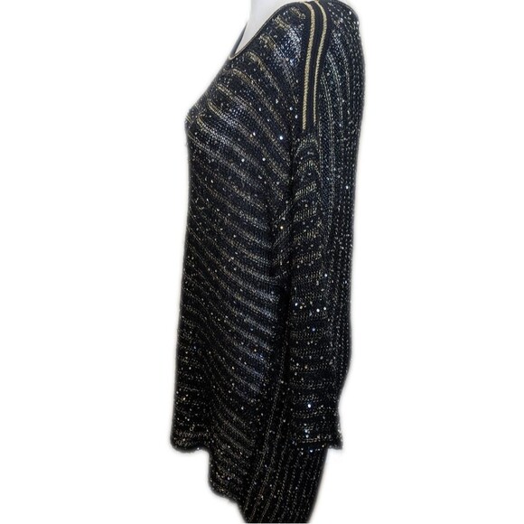 Chico's black & gold stripe open knit sweater, sequins, sheer, 3/4 sleeve 2 (12) - Picture 2 of 10